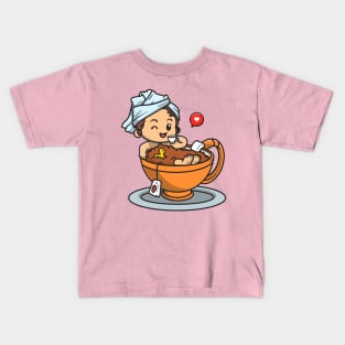 Cute Girl Bathing In Cup Tea Cartoon Kids T-Shirt